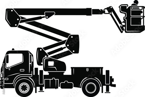 A black lift truck with a worker in the bucket is ready for construction work