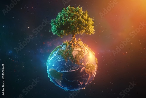 A single green tree grows from the top of planet Earth floating in a starry nebula with warm light nature