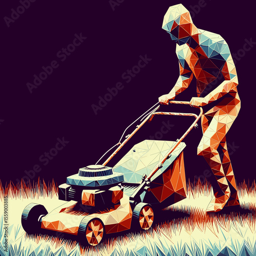 Stylized low-poly illustration of a person mowing grass with a lawnmower