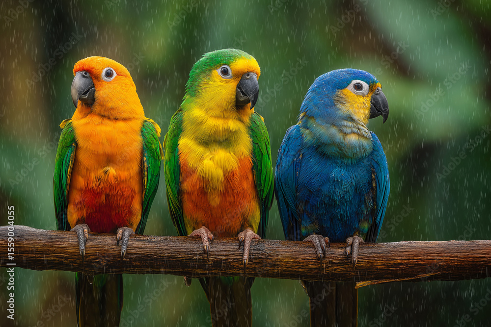 Obraz premium three colourfull parrots sitting on a branch in a tropical jungle