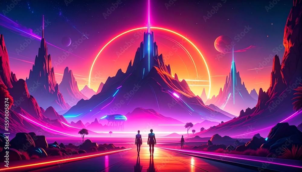 Fototapeta premium Majestic sci-fi mountain landscape with pink sun and futuristic city, glowing neon style
