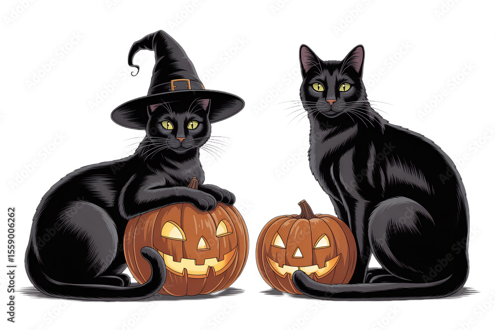 Two Black Cats with Halloween Pumpkins, One in Witch Hat, on Transparent Background Two Black Cats with Halloween Pumpkins, One in Witch Hat, on Transparent Background