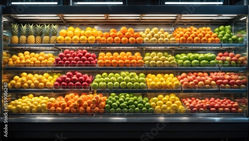 Abundant Fresh Fruit Display in Supermarket Refrigerator