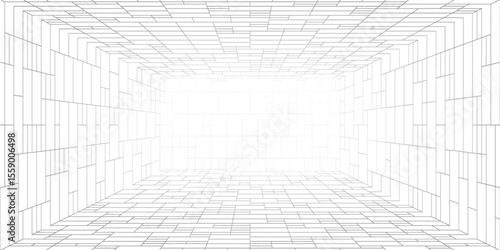 3D perspective grid room. Cube wireframe box pattern. Digital interior with mesh lines and outline for virtual space and design. Simple vector template for geometry sketch.