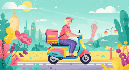 A  man on a scooter is delivering a package, with a colorful cityscape and a clear sky in the background. Suitable for landing page, banner, marketing, web design, presentation, infographic, etc.