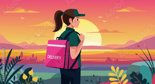 A delivery woman with a pink backpack stands silhouetted against a vibrant sunset landscape, conveying a sense of freedom and the beauty of the evening commute.