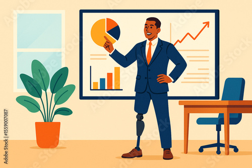  Professional Man with Prosthetic Leg Presenting Data on Large Screen Office Flat Colorful Vector Illustration