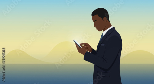 A man dressed in a suit is standing against a backdrop of hills and a clear sky, engrossed in his smartphone. Suitable for landing page, banner, marketing, web design, presentation, infographic, etc.