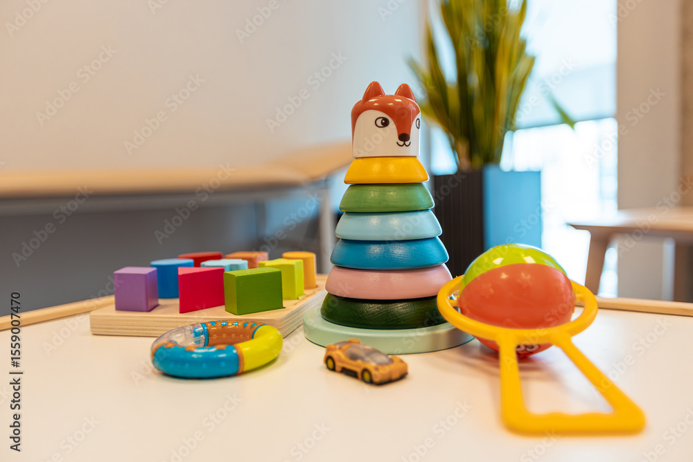 Obraz premium A variety of children's toys, including a fox stacking toy, yellow car, rattle, and blocks, arranged on a white table with a potted plant visible.