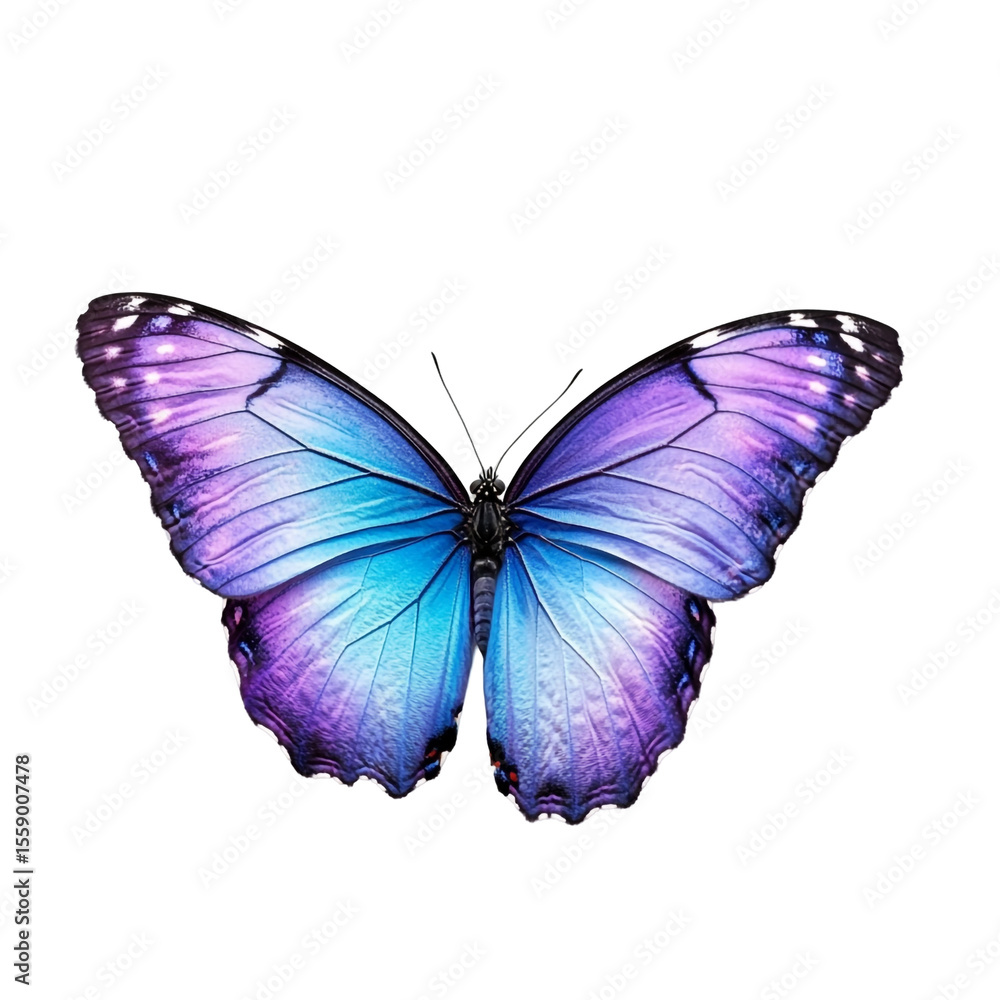 Fototapeta premium Blue purple butterfly isolated on black background vibrant insect wings nature beauty