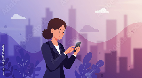a woman in a suit is looking at her phone