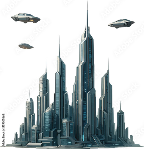 3D Futuristic Cityscape with Cybernetic Skyscrapers and Hover Cars on White Background