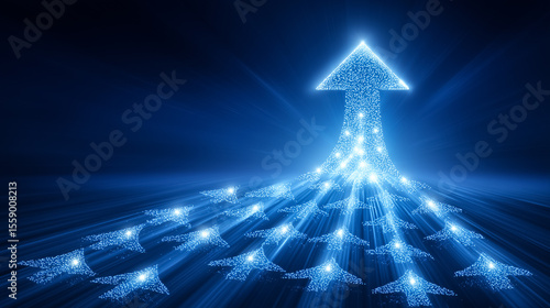 Glowing upward arrow formed by smaller arrows indicates unified growth and team success. Dark background enhances blue gradient lighting. Concept of business development, teamwork, corporate strategy