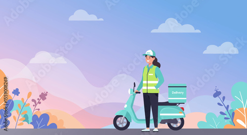 A delivery person stands beside a blue scooter with a delivery box. Suitable for landing page, banner, marketing, web design, presentation, infographic, etc.
