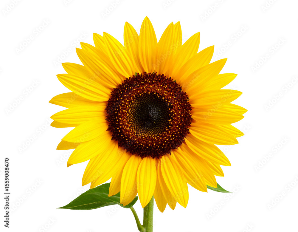 Fototapeta premium Bright Sunflower in Full Bloom with Green Leaves, isolated on transparent background PNG
