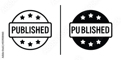 Published stamp icon: A bold published stamp icon showcases credibility and approval in two distinct versions, symbolizing validation and authority.