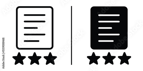 Rating Icon Set: Black and white icons of document with three stars below signifying ratings, quality and evaluation marks.