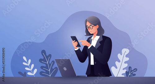 a woman in a business suit using a smartphone, with a laptop and plants in the background. Suitable for landing page, banner, marketing, web design, presentation, infographic, etc.