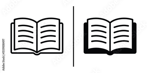 Open Book Symbol: A minimalist representation of an open book, the iconic symbol of knowledge and learning, portrayed in two contrasting styles