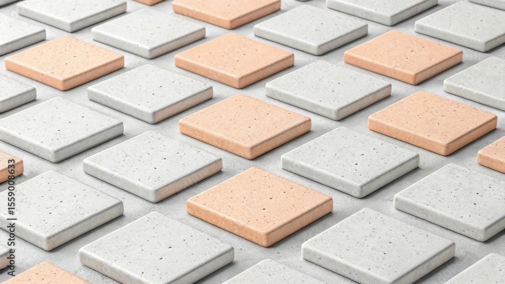 Fototapeta premium Arrangement of square tiles in alternating colors of gray and peach creating a geometric pattern