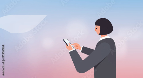 a person in a business suit using a smartphone, with a gradient background transitioning from blue to pink. Suitable for landing page, banner, marketing, web design, presentation, infographic, etc.