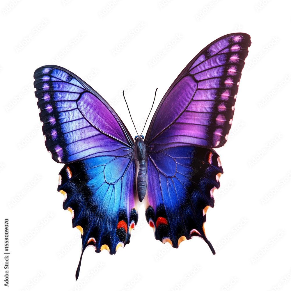 Obraz premium A vibrant purple and blue butterfly with intricate wing details is displayed against a black background