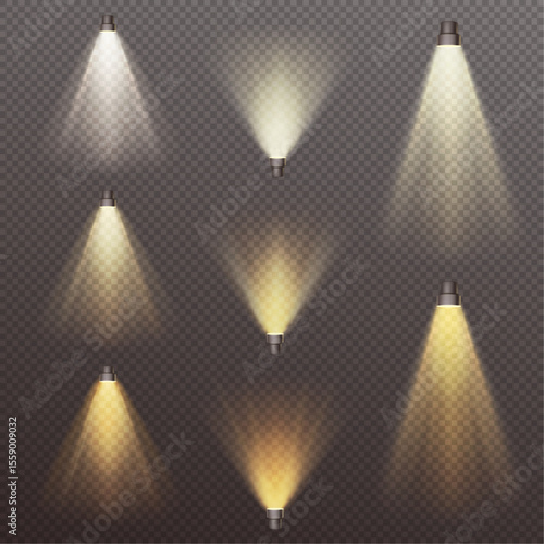 Set of light effects of different colours on transparent background. Isolated vector illustration