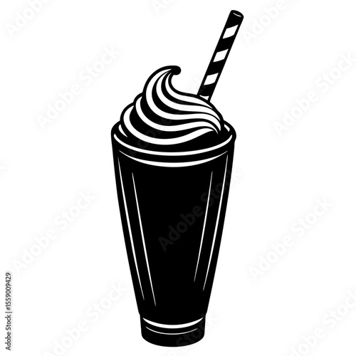 Delicious milkshake with straw black and white silhouette vector illustration