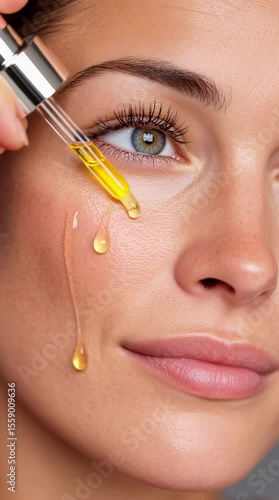 A woman applying a drop of cosmetic serum to her face