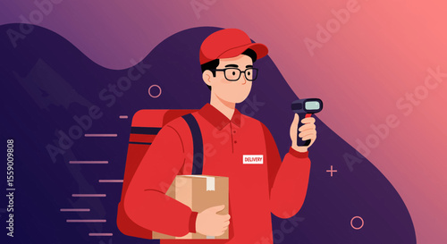 A professional delivery man in a vibrant red uniform and cap holds a package and a barcode scanner, ready for efficient e-commerce logistics.