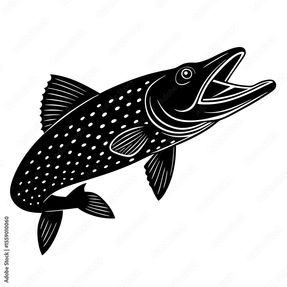 Fototapeta premium Open mouth pike fish black and white silhouette vector illustration