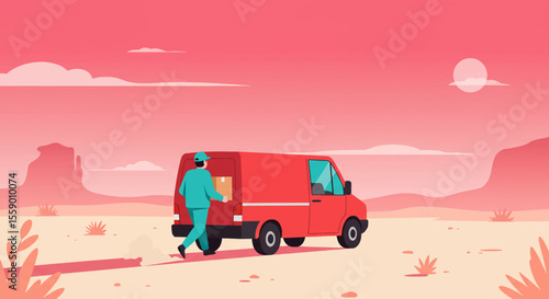 A dedicated delivery person carries a package to a vibrant red van, set against a stylized desert landscape under a warm, colorful sky.