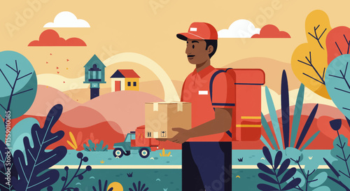 A friendly delivery person in a uniform carries a package through a stylized, colorful landscape with trees and houses.
