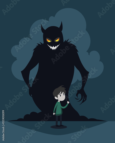 The dark and twisted form of a shadow bully looming over their victim like a dark cloud.. Vector illustration