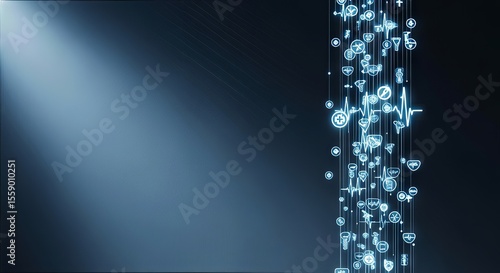 MedTech and the Future of Health Innovation. Abstract digital design with illuminated icons on a dark background.
