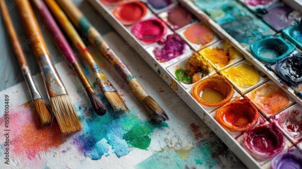 Obraz premium Brightly colored watercolors and various brushes are arranged on a table in a creative studio. The vibrant hues indicate an active art session in progress.