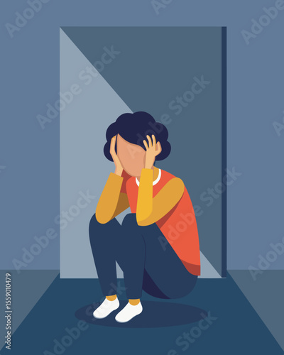 Sitting in a corner a person covers their ears in attempt to block out the world and the screams that remain ped inside.. Vector illustration