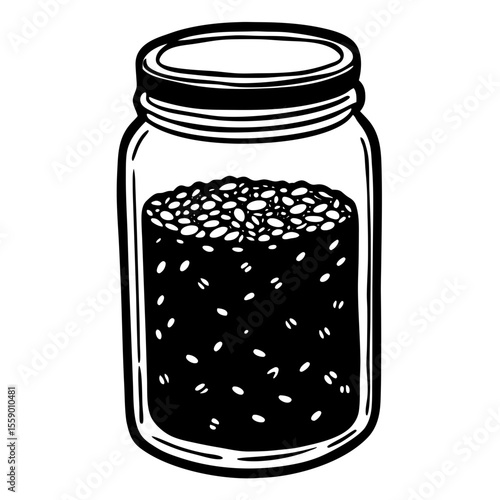 Glass mason jar filled with seeds black and white silhouette vector illustration