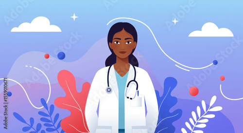 a woman in a white coat, with a stethoscope around her neck. Suitable for landing page, banner, marketing, web design, presentation, infographic, etc.