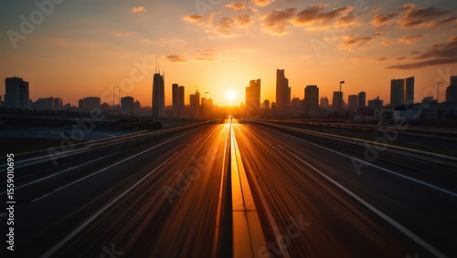 Fototapeta Naklejka Na Ścianę i Meble -  Highway leading to city skyline at sunset with motion blur