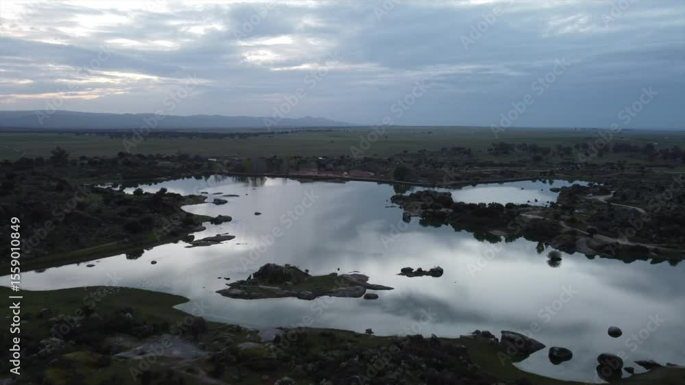 Lake at sunset, drone, Caceres, Spain Lake at sunset, drone, Caceres, Spain