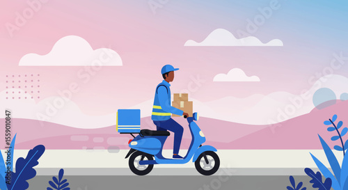 A modern delivery worker rides a scooter with packages through a stylized urban landscape, symbolizing fast and efficient logistics services.
