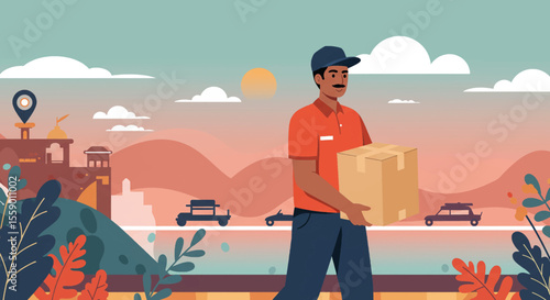 An illustration depicts a delivery person carrying a package in a vibrant cityscape, representing online shopping and logistics with a modern, stylized aesthetic.