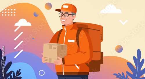 A friendly, experienced delivery man in a bright orange uniform with a large insulated backpack happily holds a package, ready for service.