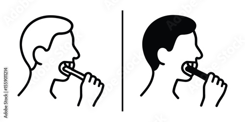 Dental hygiene in monochrome: Clean teeth care conceptual illustration with two monochrome silhouettes of people brushing their teeth, conveying healthiness and cleanliness.