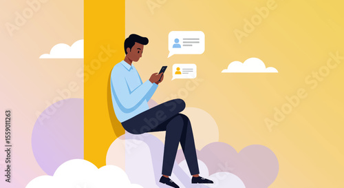 a man seated on clouds, engrossed in his phone, with two chat bubbles floating above him. Suitable for landing page, banner, marketing, web design, presentation, infographic, etc.