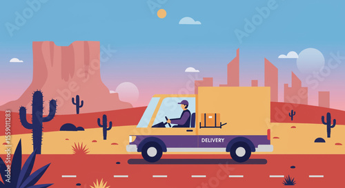 A delivery truck drives through a desert landscape with cacti and distant city skyline, symbolizing logistics and transport.
