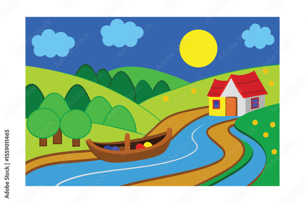 Fototapeta premium Serene River Landscape Houseboat and Rolling Hills Illustration