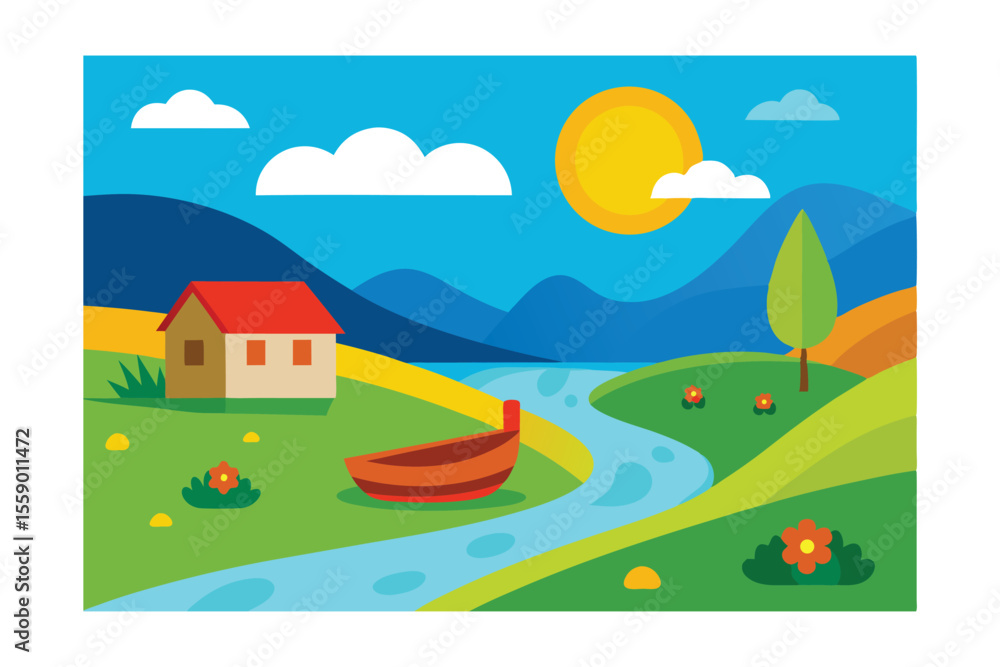 Naklejka premium Serene Lakeside Cottage Peaceful Landscape Illustration