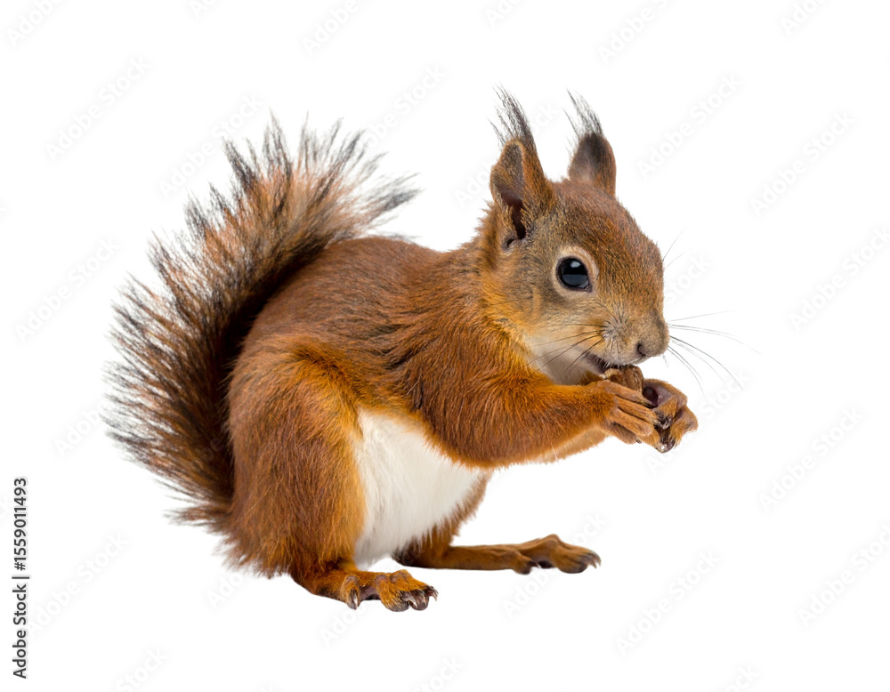 Obraz premium Brown Squirrel with White Belly Eating a Nut, Isolated on a White Background